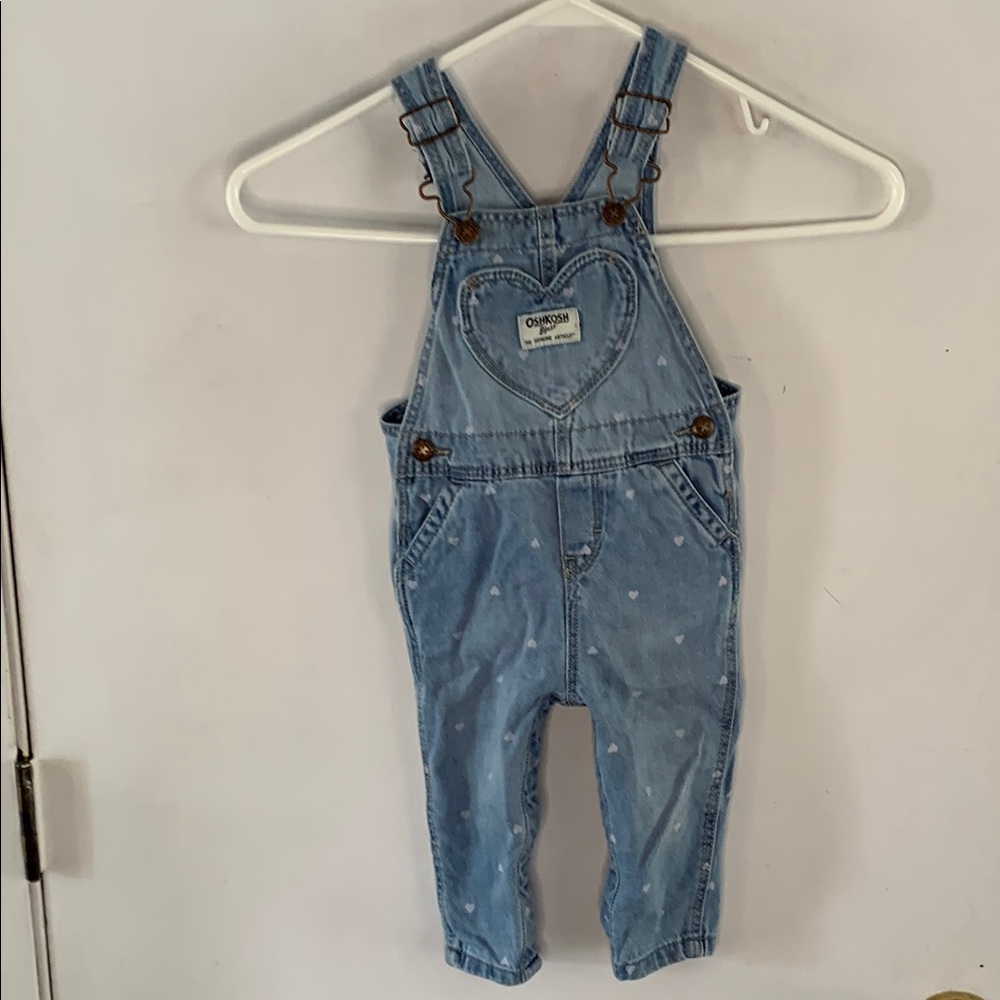 Osh Kosh vintage light wash overalls with heart print, heart pocket Sz 12 month
